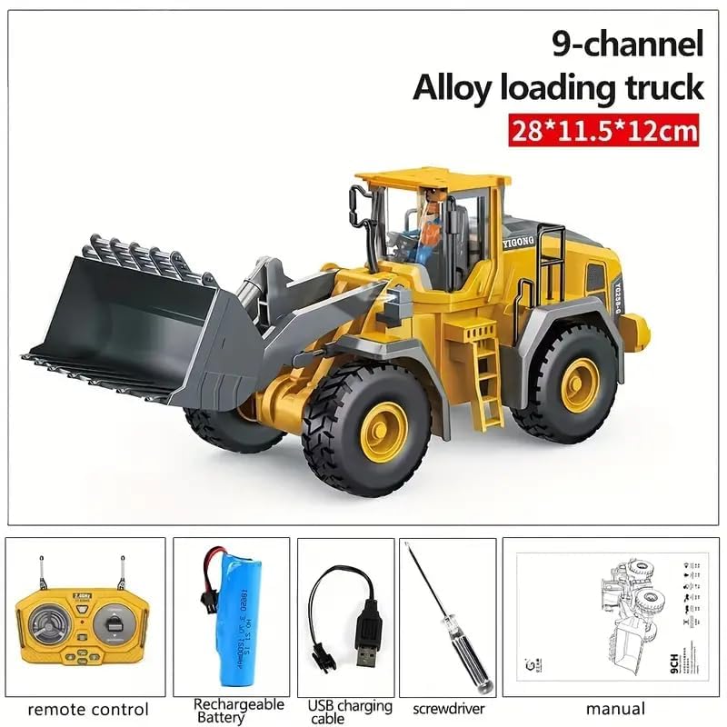 Metal RC Bulldozer Toy - 9-Channel Remote Control Construction Vehicle Dumping Bulldozerwith Lights & Sounds,