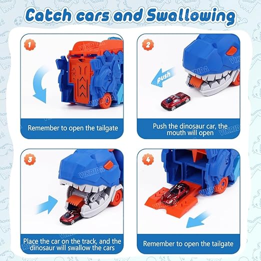 Dinosaur Track Toys for Boys 3 4 5 6 7 8 Year Old - 2 Layer Transformed Dinosaur Transport Car Carrier Truck with 2 Diecast Race Cars