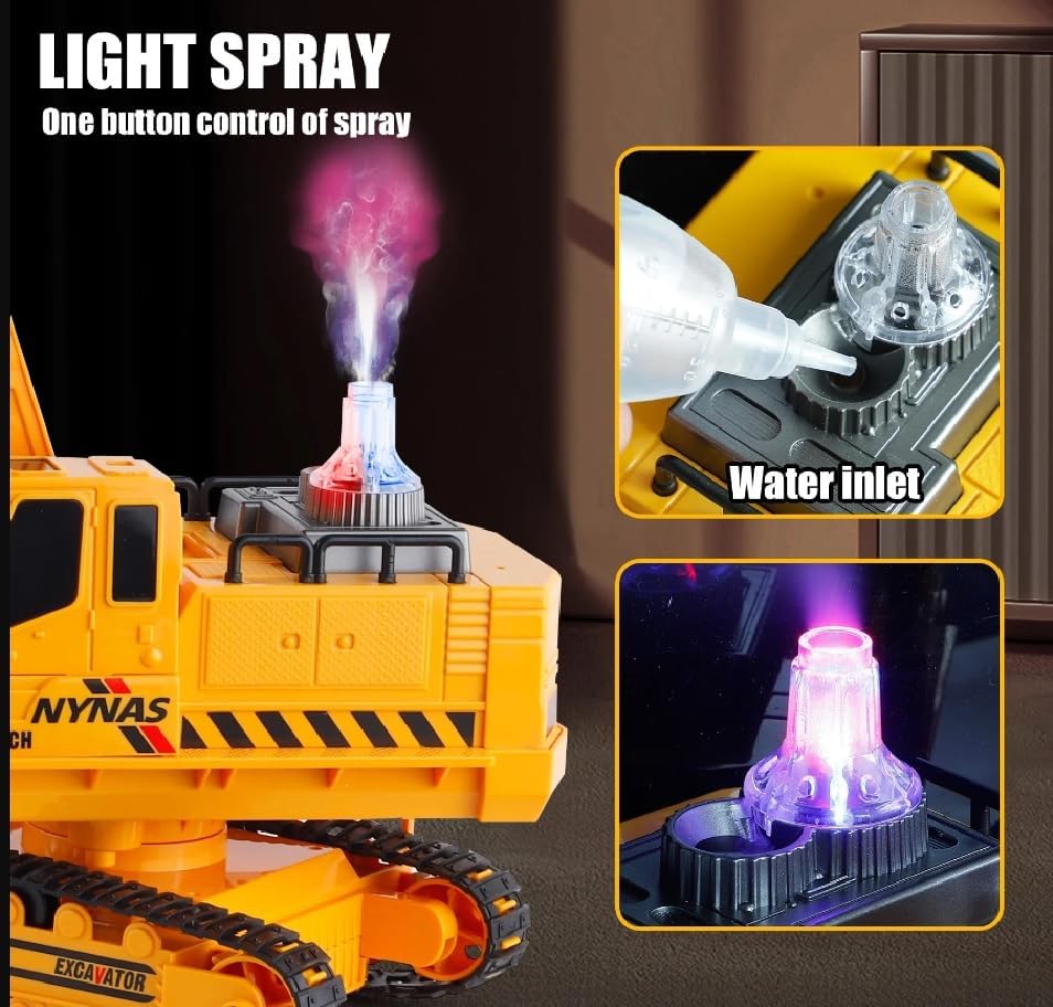 Remote Control Rechargeable Engineering Digger Truck Construction Excavator Toy with Booster Spray Function and 360° Rotation