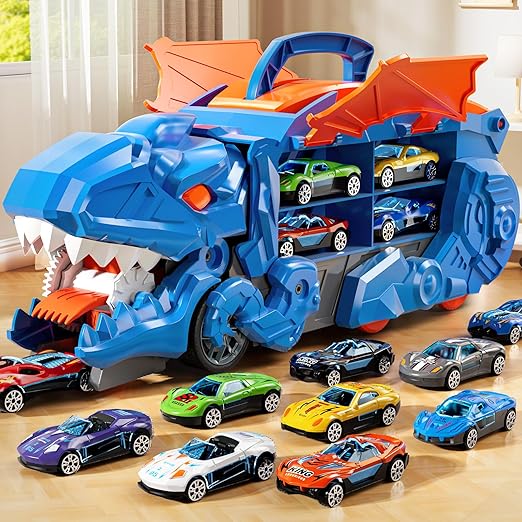 Dinosaur Track Toys for Boys 3 4 5 6 7 8 Year Old - 2 Layer Transformed Dinosaur Transport Car Carrier Truck with 2 Diecast Race Cars