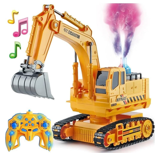 Remote Control Rechargeable Engineering Digger Truck Construction Excavator Toy with Booster Spray Function and 360° Rotation