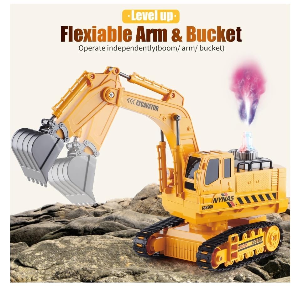 Remote Control Rechargeable Engineering Digger Truck Construction Excavator Toy with Booster Spray Function and 360° Rotation