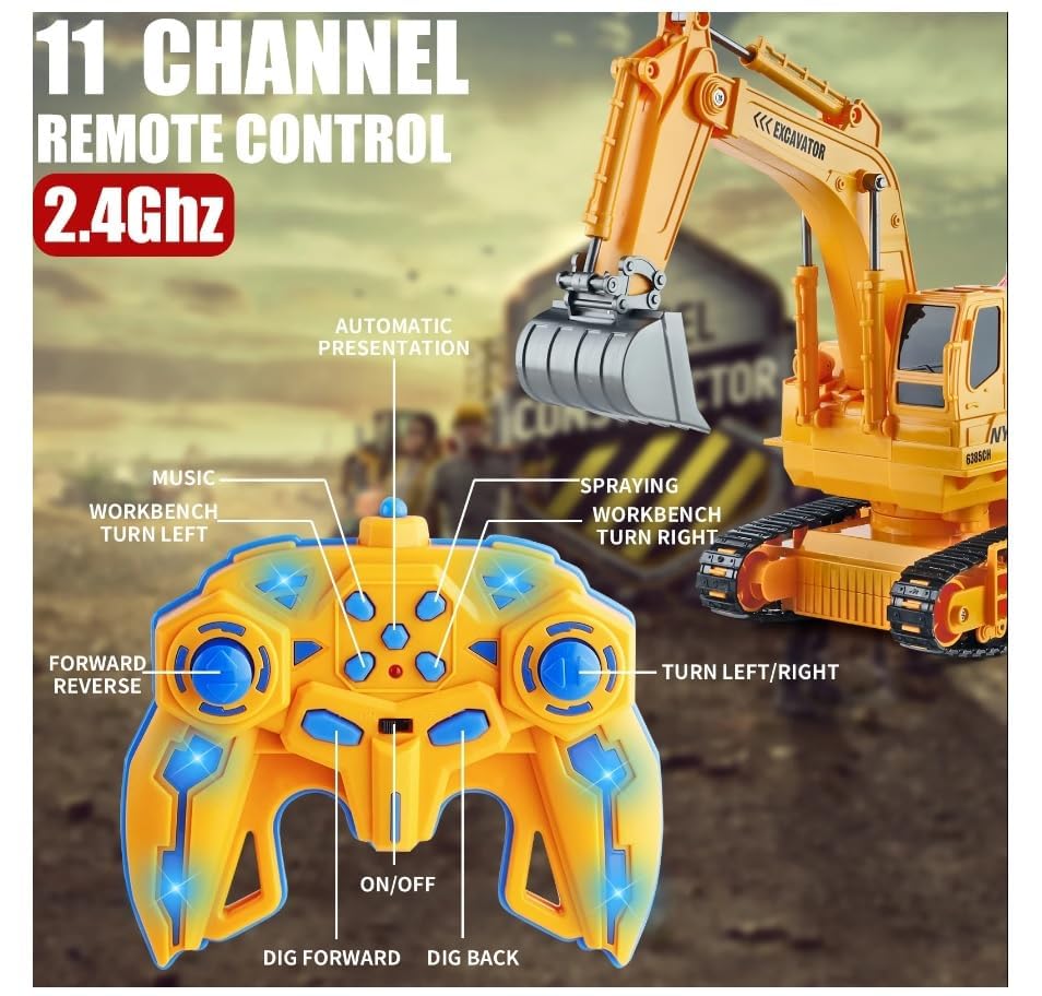 Remote Control Rechargeable Engineering Digger Truck Construction Excavator Toy with Booster Spray Function and 360° Rotation