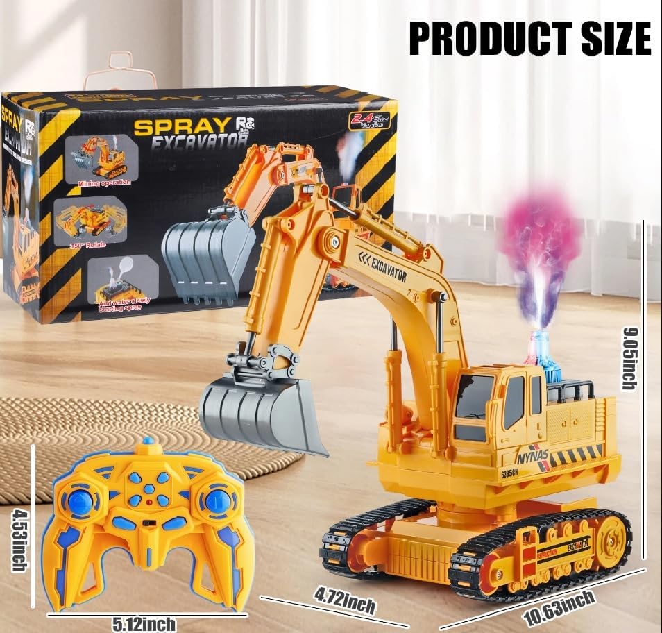 Remote Control Rechargeable Engineering Digger Truck Construction Excavator Toy with Booster Spray Function and 360° Rotation