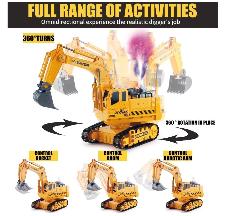 Remote Control Rechargeable Engineering Digger Truck Construction Excavator Toy with Booster Spray Function and 360° Rotation