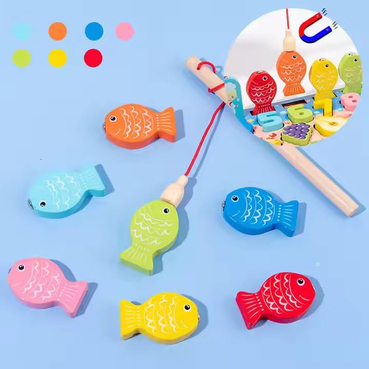 Wooden Magnetic Fishing Game, Educational Puzzle Board with Numbers, Animals, Fruits, Vehicles, Learning Toy Set for Kids