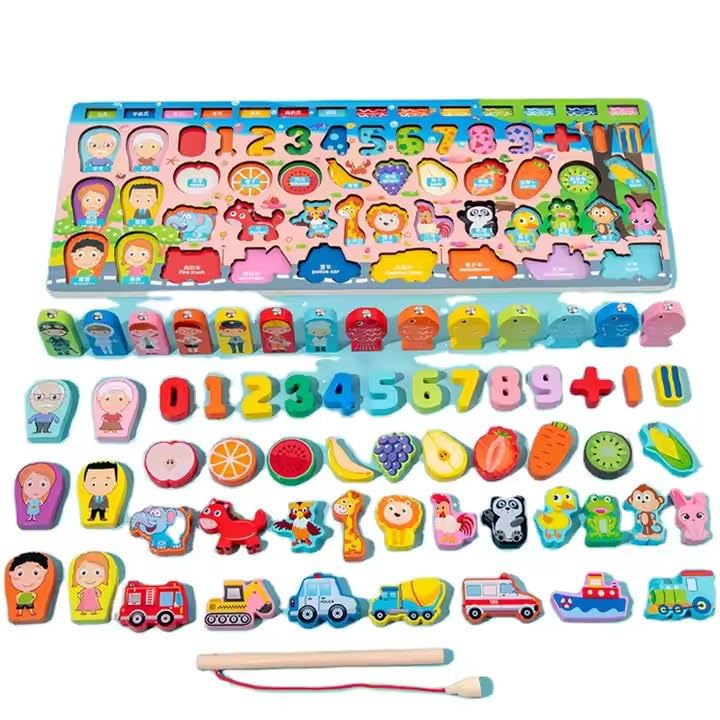 Wooden Magnetic Fishing Game, Educational Puzzle Board with Numbers, Animals, Fruits, Vehicles, Learning Toy Set for Kids