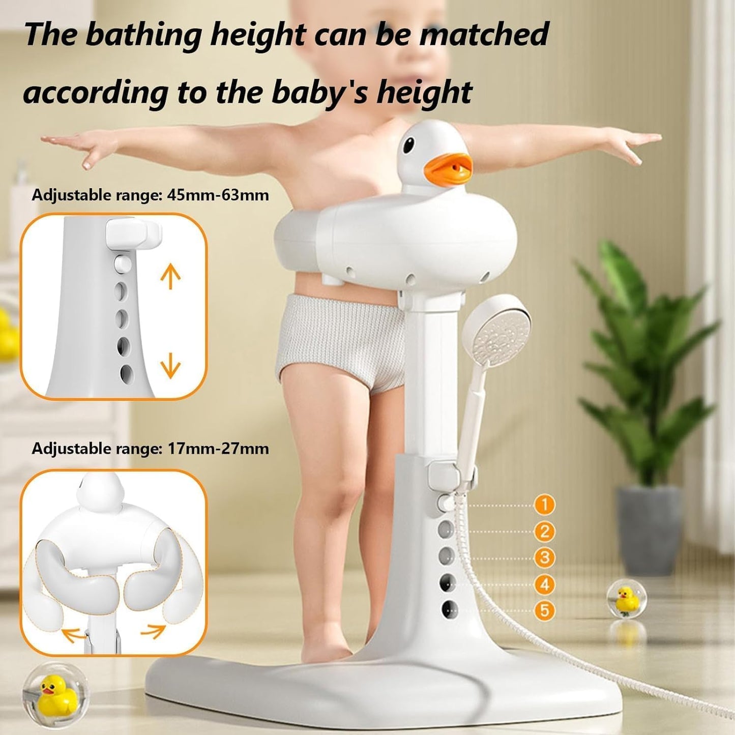 Baby Shower Bath Stand with Adjustable Height, Non-Slip Base, Huggable Duckling, Baby Bath Stand With Cartoon Duck