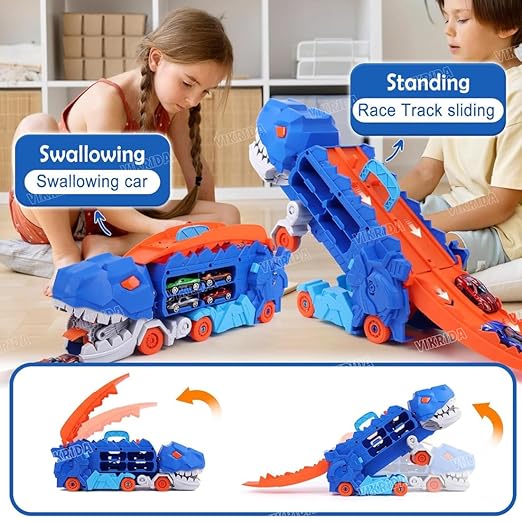 Dinosaur Track Toys for Boys 3 4 5 6 7 8 Year Old - 2 Layer Transformed Dinosaur Transport Car Carrier Truck with 2 Diecast Race Cars