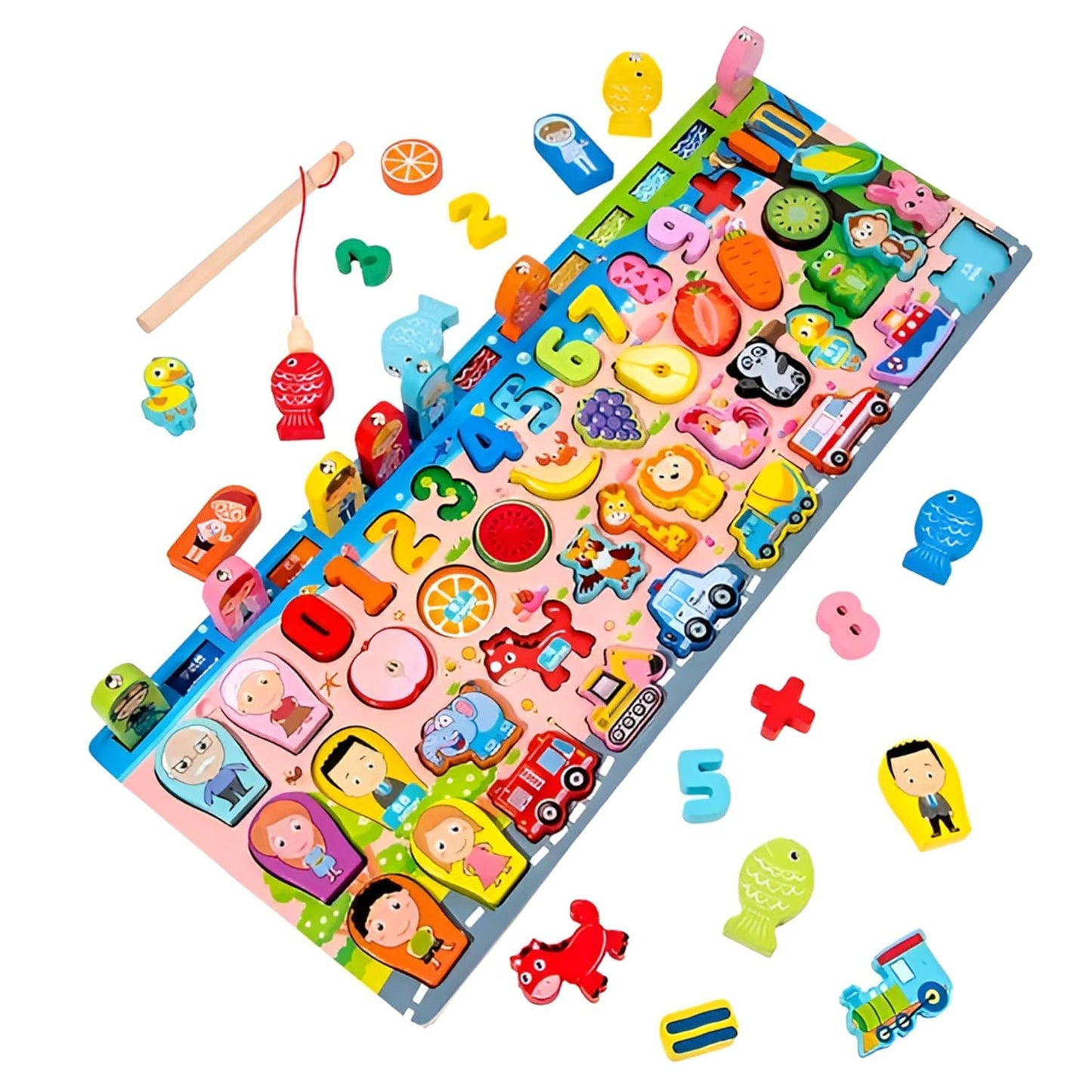 Wooden Magnetic Fishing Game, Educational Puzzle Board with Numbers, Animals, Fruits, Vehicles, Learning Toy Set for Kids