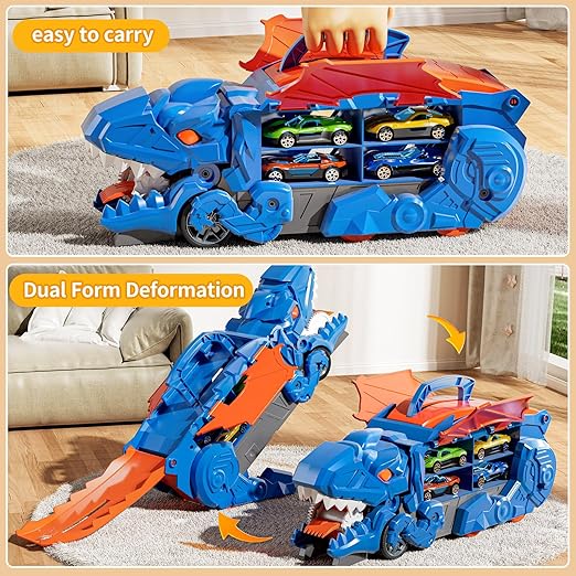 Dinosaur Track Toys for Boys 3 4 5 6 7 8 Year Old - 2 Layer Transformed Dinosaur Transport Car Carrier Truck with 2 Diecast Race Cars