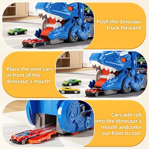 Dinosaur Track Toys for Boys 3 4 5 6 7 8 Year Old - 2 Layer Transformed Dinosaur Transport Car Carrier Truck with 2 Diecast Race Cars