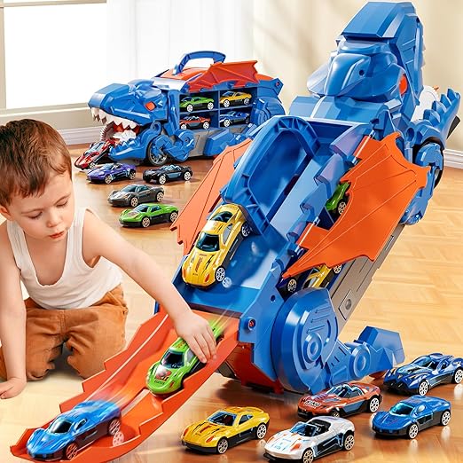 Dinosaur Track Toys for Boys 3 4 5 6 7 8 Year Old - 2 Layer Transformed Dinosaur Transport Car Carrier Truck with 2 Diecast Race Cars